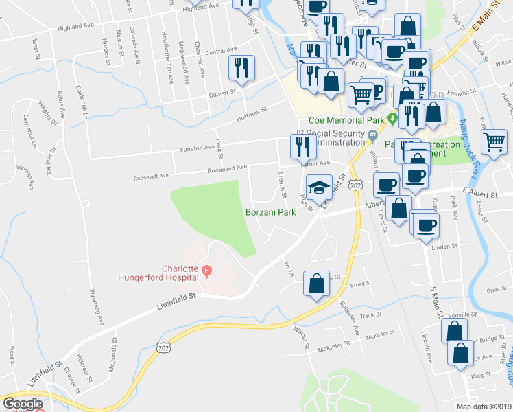 map of restaurants, bars, coffee shops, grocery stores, and more near 180 Lafayette Street in Torrington