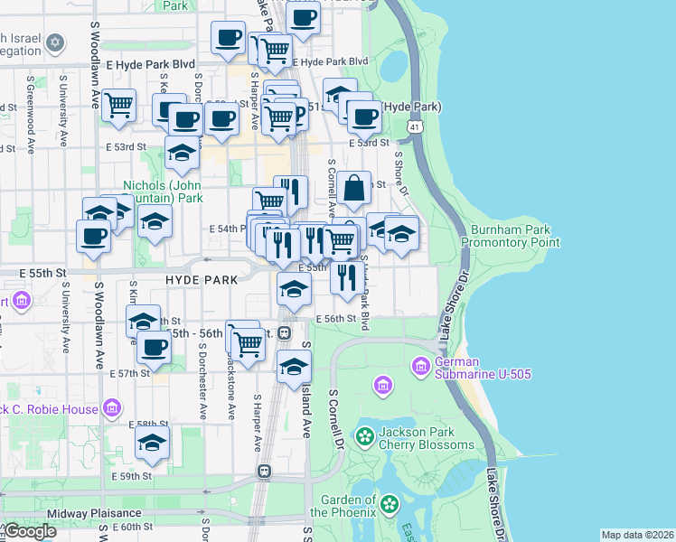 map of restaurants, bars, coffee shops, grocery stores, and more near 5521 South Cornell Avenue in Chicago