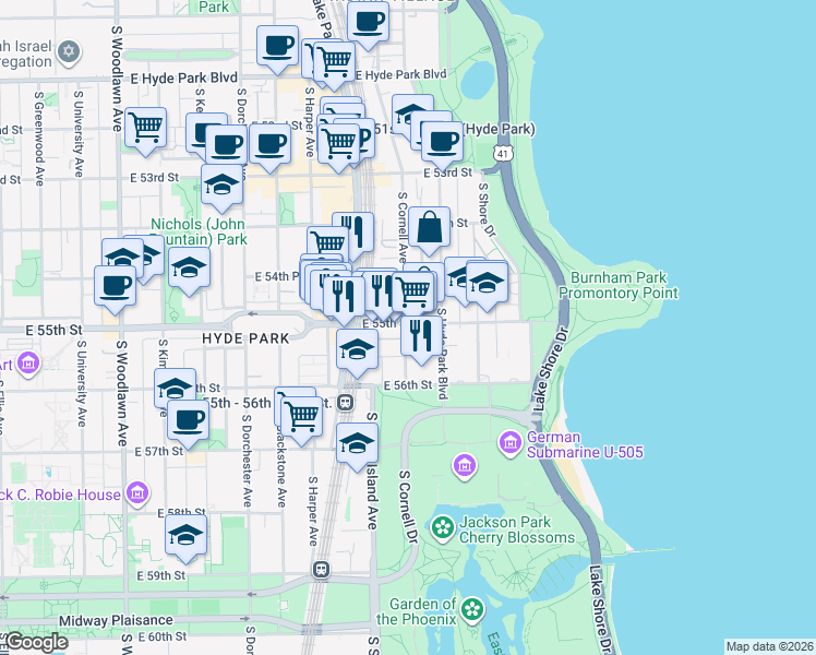 map of restaurants, bars, coffee shops, grocery stores, and more near 5521 South Cornell Avenue in Chicago