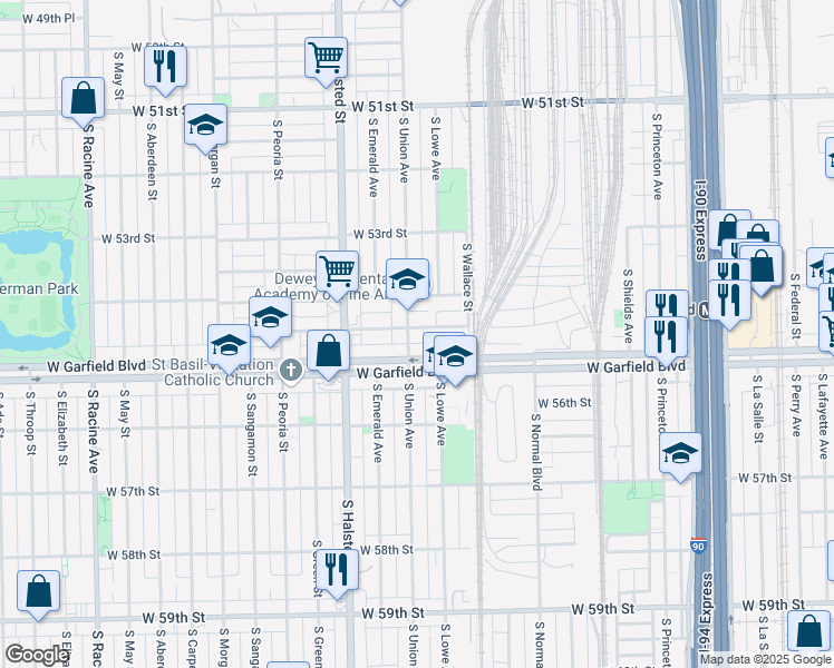 map of restaurants, bars, coffee shops, grocery stores, and more near 640 West Garfield Boulevard in Chicago