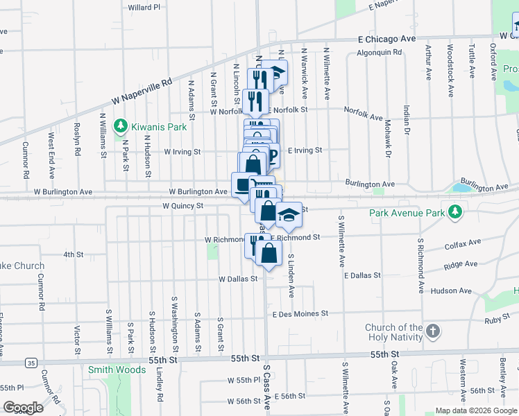 map of restaurants, bars, coffee shops, grocery stores, and more near 19 South Cass Avenue in Westmont