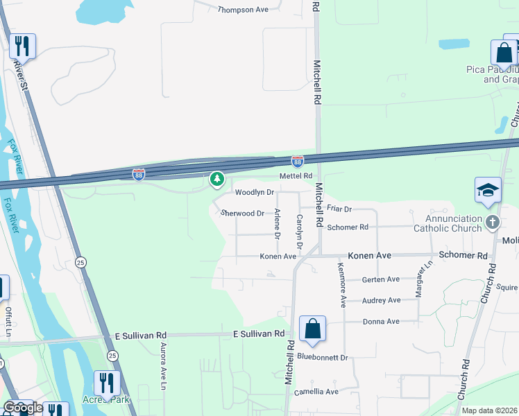 map of restaurants, bars, coffee shops, grocery stores, and more near 451 Sherwood Drive in Aurora