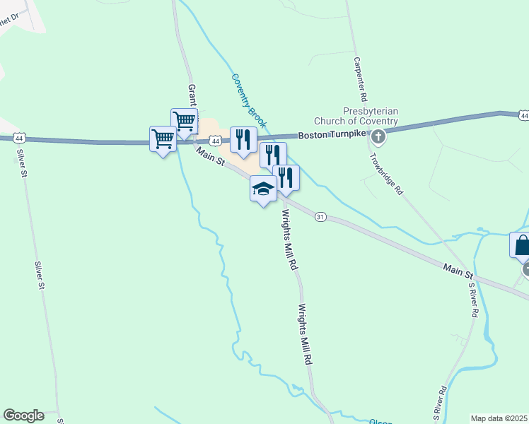 map of restaurants, bars, coffee shops, grocery stores, and more near 3453 Main Street in Coventry