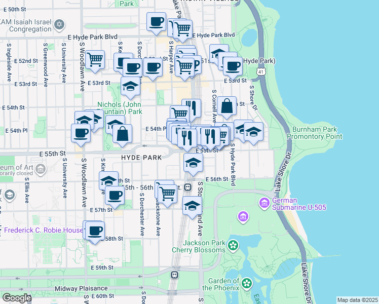map of restaurants, bars, coffee shops, grocery stores, and more near 1765 E 55th St in Chicago