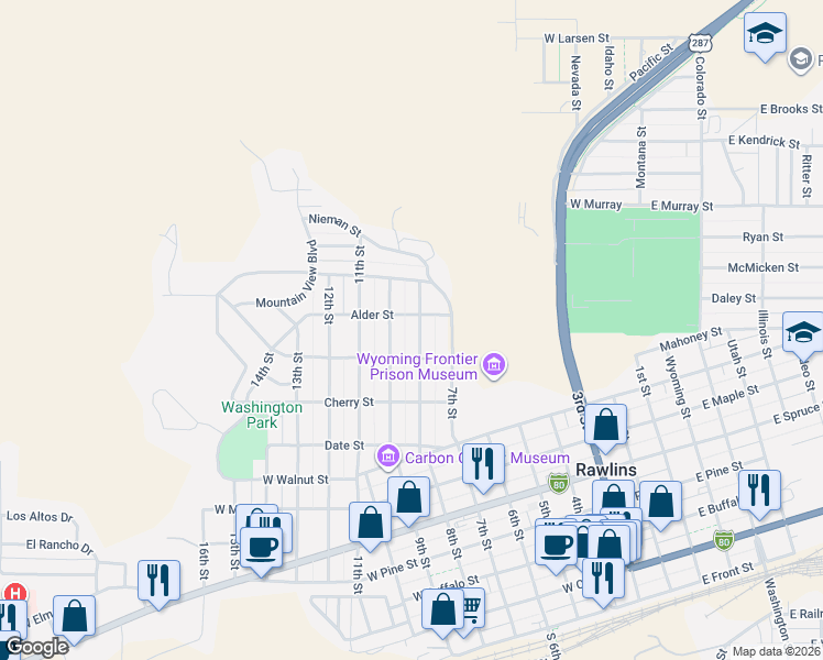 map of restaurants, bars, coffee shops, grocery stores, and more near 1001-1099 9th Street in Rawlins