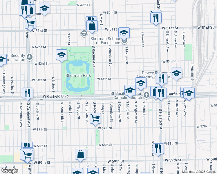map of restaurants, bars, coffee shops, grocery stores, and more near 1100 West Garfield Boulevard in Chicago