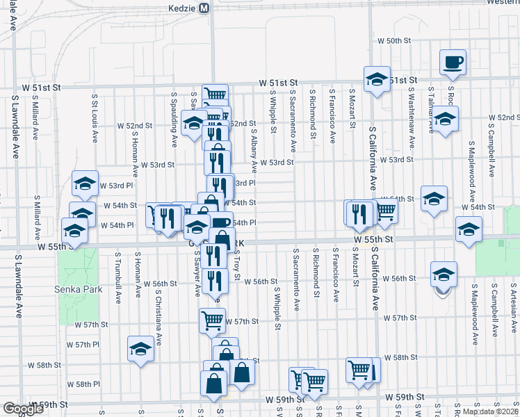map of restaurants, bars, coffee shops, grocery stores, and more near 3046 West 54th Place in Chicago