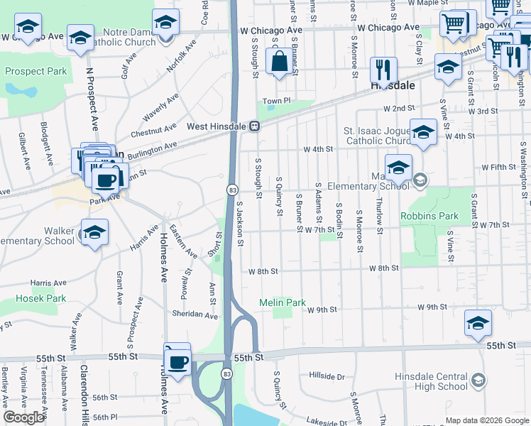 map of restaurants, bars, coffee shops, grocery stores, and more near 645 South Stough Street in Hinsdale