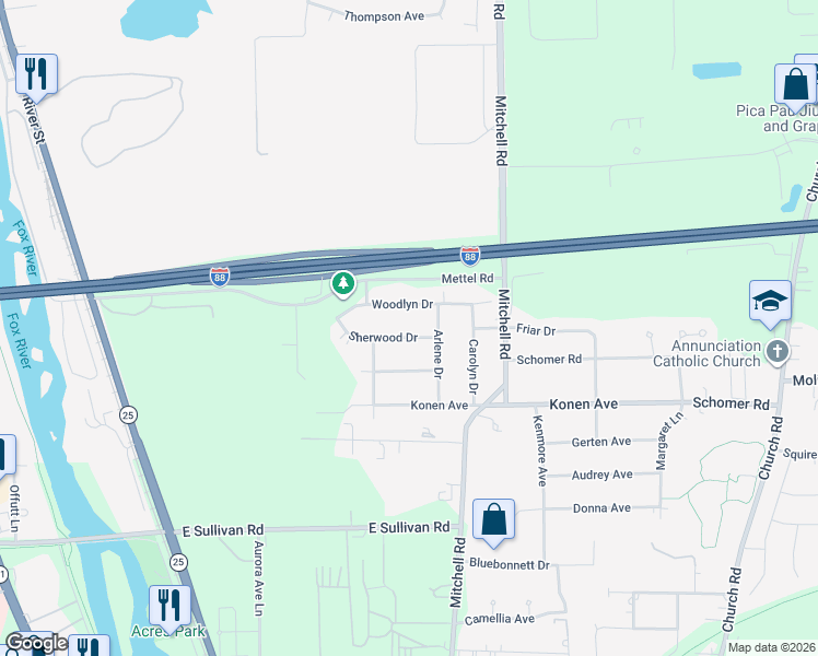 map of restaurants, bars, coffee shops, grocery stores, and more near 451 Sherwood Drive in Aurora