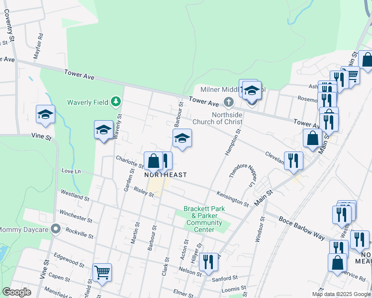 map of restaurants, bars, coffee shops, grocery stores, and more near 350 Barbour Street in Hartford