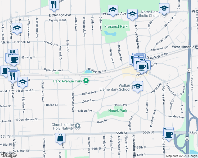 map of restaurants, bars, coffee shops, grocery stores, and more near 415 Park Avenue in Clarendon Hills