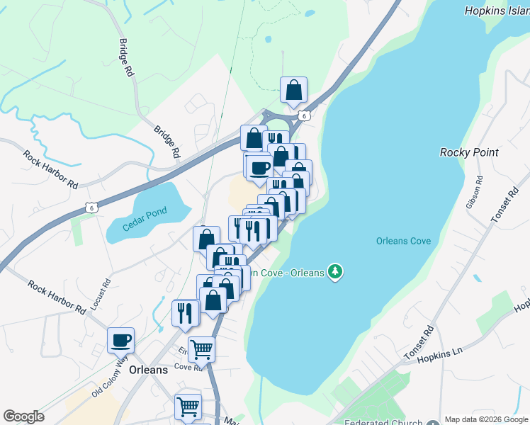 map of restaurants, bars, coffee shops, grocery stores, and more near 20 Massachusetts 6A in Orleans