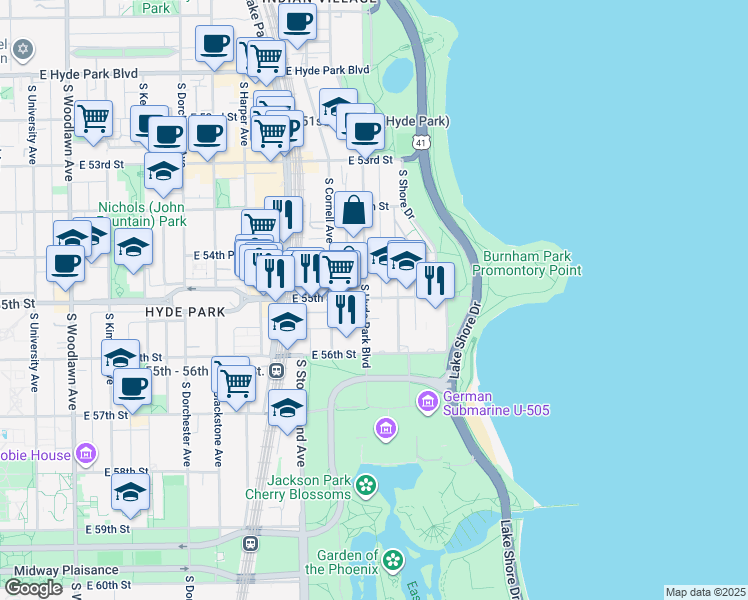 map of restaurants, bars, coffee shops, grocery stores, and more near 5507 South Hyde Park Boulevard in Chicago