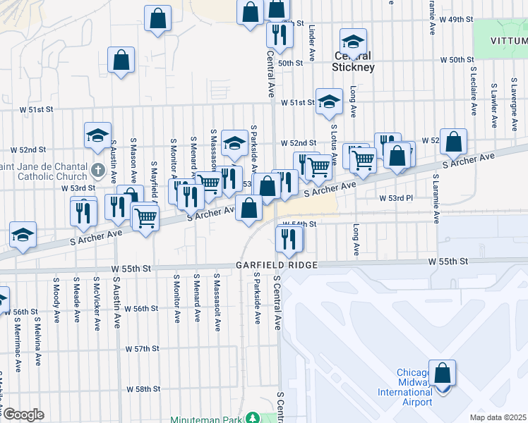 map of restaurants, bars, coffee shops, grocery stores, and more near 5660 West 55th Street in Chicago