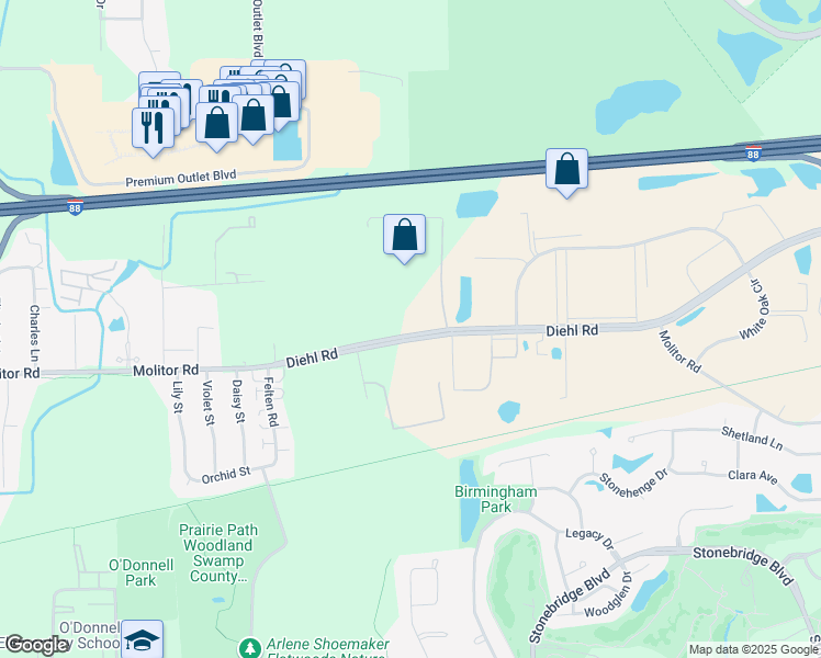 map of restaurants, bars, coffee shops, grocery stores, and more near 2188 Diehl Road in Aurora