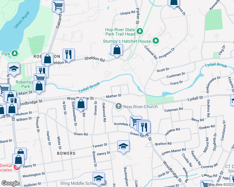 map of restaurants, bars, coffee shops, grocery stores, and more near 66 Mather Street in Manchester