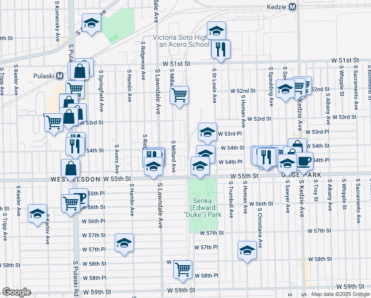 map of restaurants, bars, coffee shops, grocery stores, and more near West 54th Street in Chicago