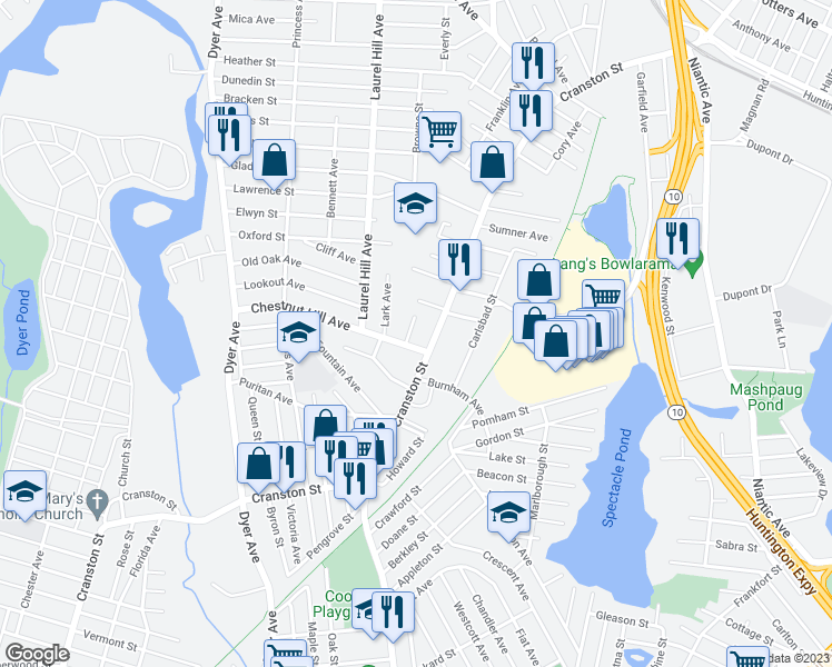 map of restaurants, bars, coffee shops, grocery stores, and more near 9 Calef Street in Cranston