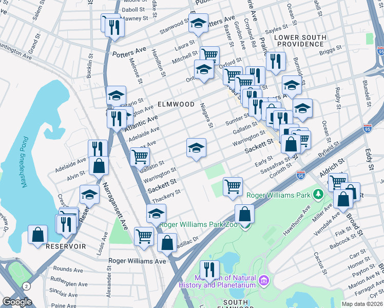 map of restaurants, bars, coffee shops, grocery stores, and more near 170 Warrington Street in Providence