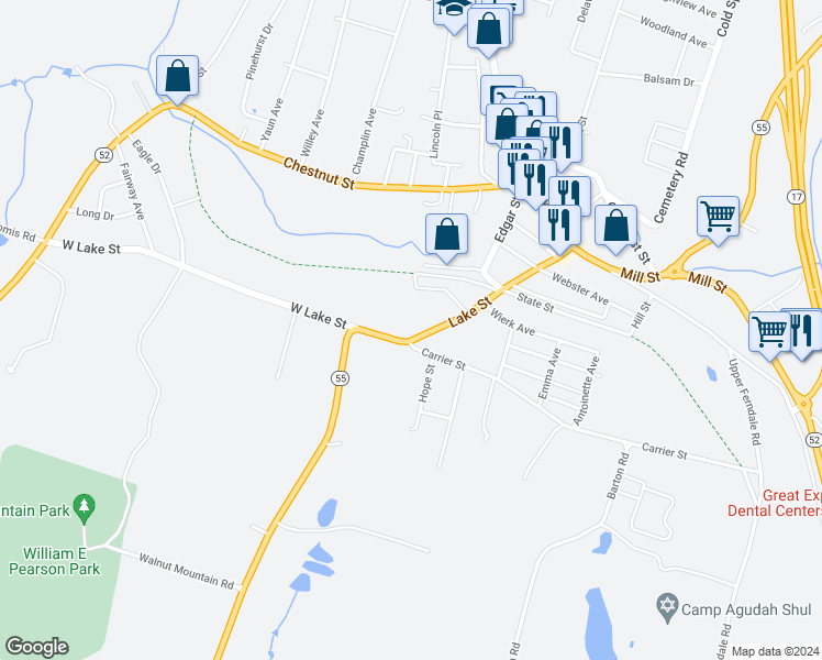 map of restaurants, bars, coffee shops, grocery stores, and more near 2 Carrier Street in Liberty