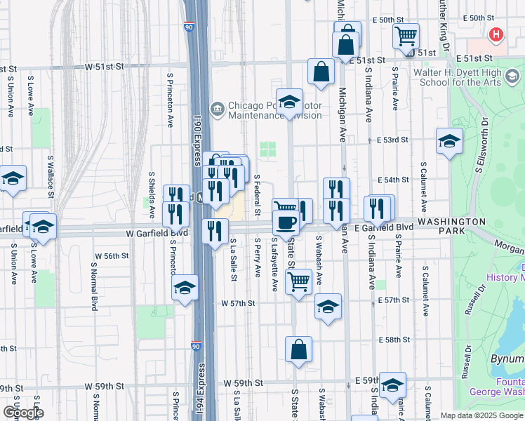 map of restaurants, bars, coffee shops, grocery stores, and more near 7303 South Dearborn Street in Chicago