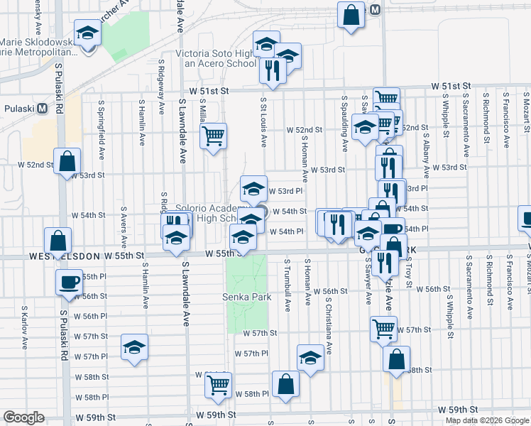map of restaurants, bars, coffee shops, grocery stores, and more near 3456 West 54th Place in Chicago