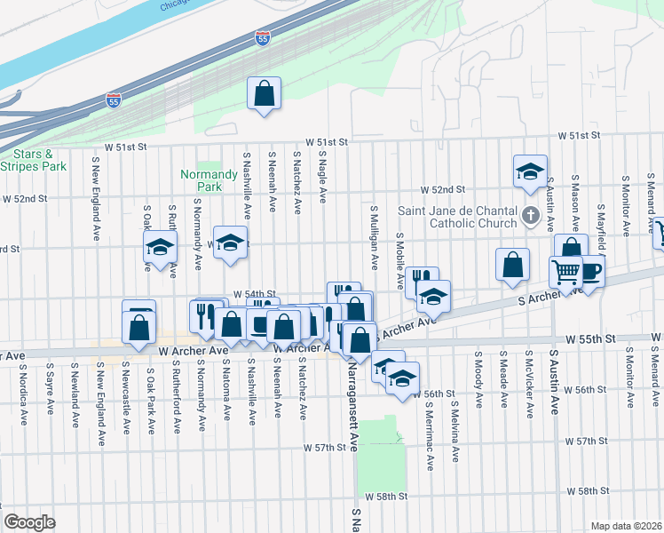 map of restaurants, bars, coffee shops, grocery stores, and more near 5353 South Nagle Avenue in Chicago