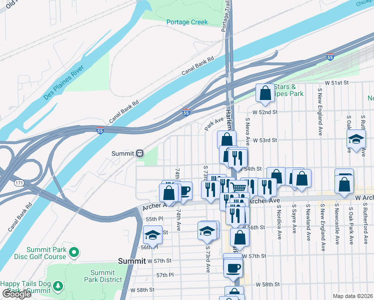 map of restaurants, bars, coffee shops, grocery stores, and more near 5348 South 73rd Court in Summit