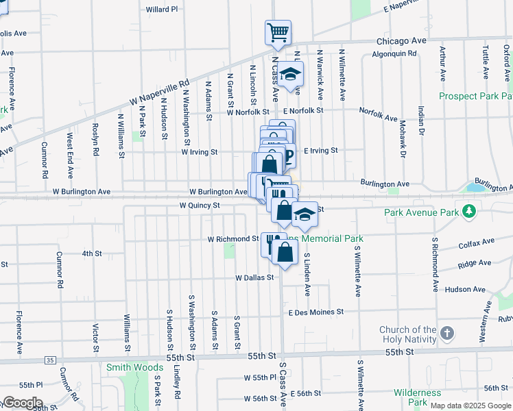 map of restaurants, bars, coffee shops, grocery stores, and more near 19 South Lincoln Street in Westmont