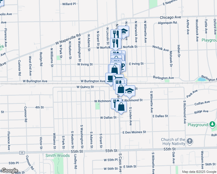 map of restaurants, bars, coffee shops, grocery stores, and more near 19 South Lincoln Street in Westmont