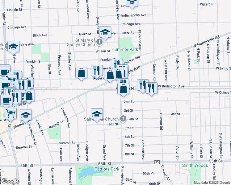map of restaurants, bars, coffee shops, grocery stores, and more near 421 Burlington Avenue in Downers Grove