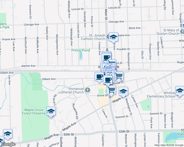 map of restaurants, bars, coffee shops, grocery stores, and more near 1139 Gilbert Avenue in Downers Grove