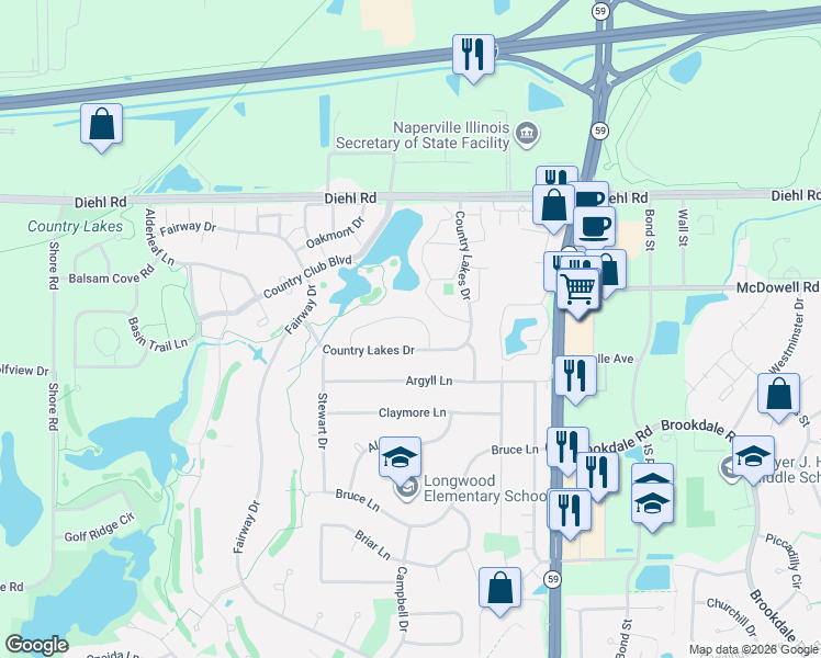 map of restaurants, bars, coffee shops, grocery stores, and more near 2126 Country Lakes Drive in Naperville