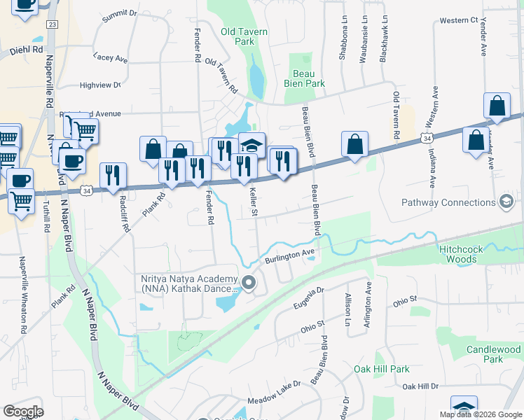 map of restaurants, bars, coffee shops, grocery stores, and more near 4945 Keller Street in Lisle