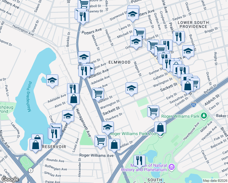 map of restaurants, bars, coffee shops, grocery stores, and more near 195 Melrose Street in Providence