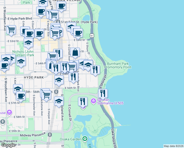 map of restaurants, bars, coffee shops, grocery stores, and more near 5523 South Everett Avenue in Chicago