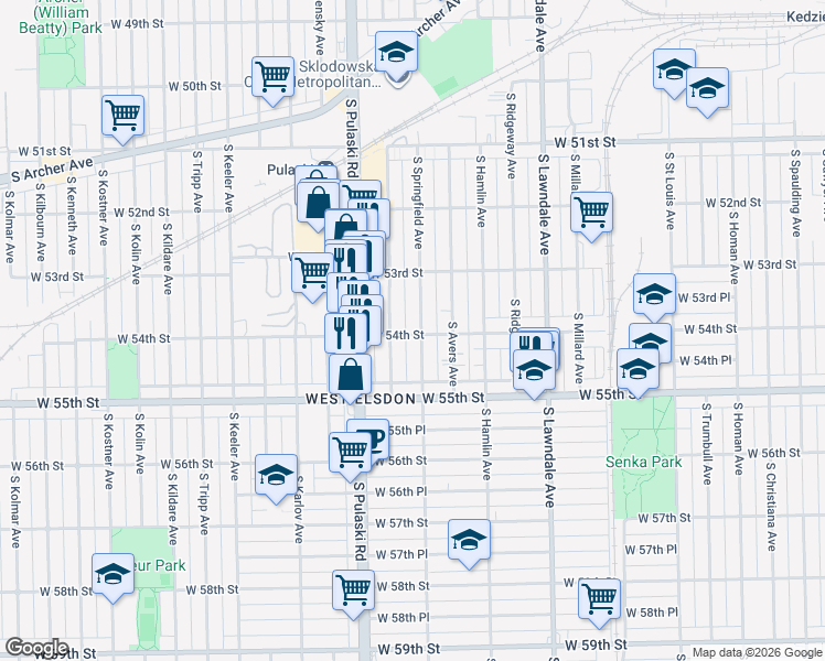 map of restaurants, bars, coffee shops, grocery stores, and more near 5417 South Harding Avenue in Chicago