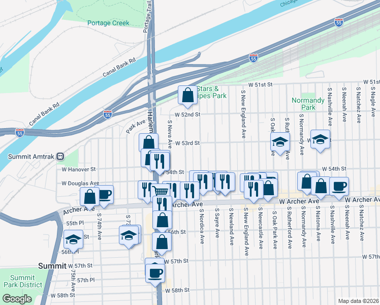 map of restaurants, bars, coffee shops, grocery stores, and more near 5346 South Nordica Avenue in Chicago