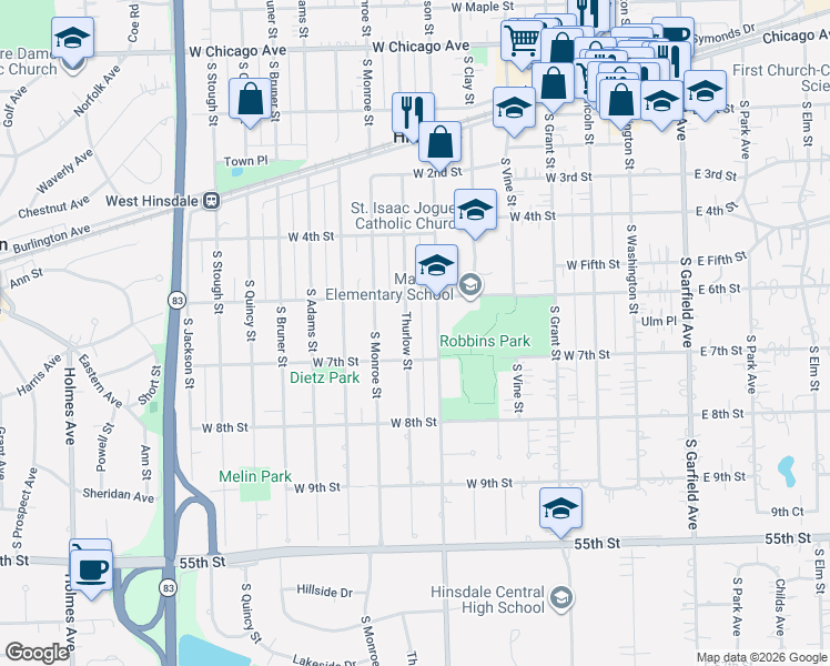 map of restaurants, bars, coffee shops, grocery stores, and more near 645 Thurlow Street in Hinsdale