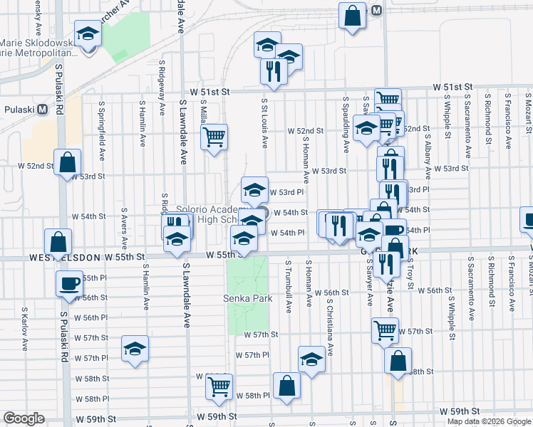 map of restaurants, bars, coffee shops, grocery stores, and more near 5400 South Saint Louis Avenue in Chicago