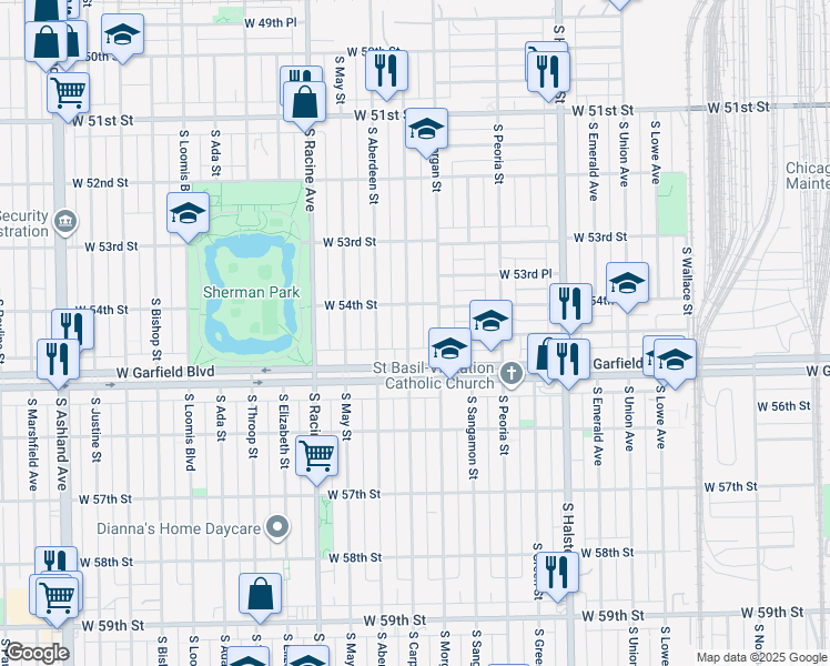 map of restaurants, bars, coffee shops, grocery stores, and more near 5427 South Carpenter Street in Chicago