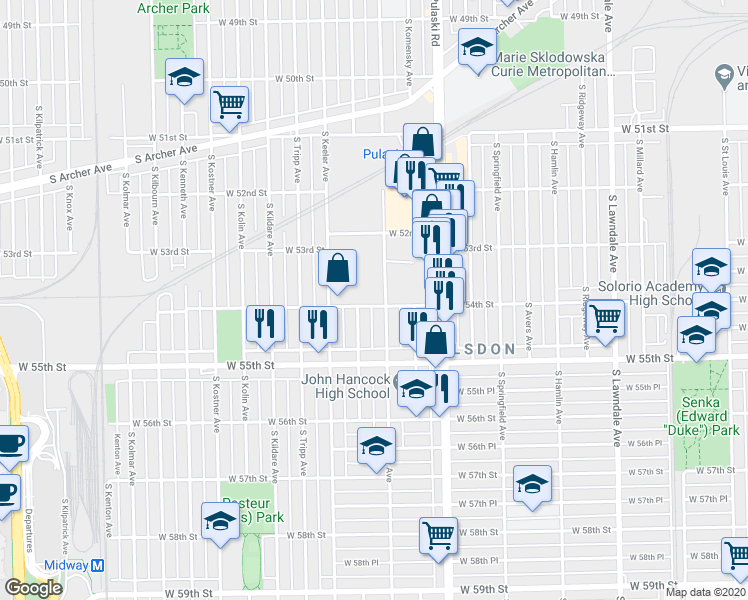 map of restaurants, bars, coffee shops, grocery stores, and more near 5414 South Karlov Avenue in Chicago