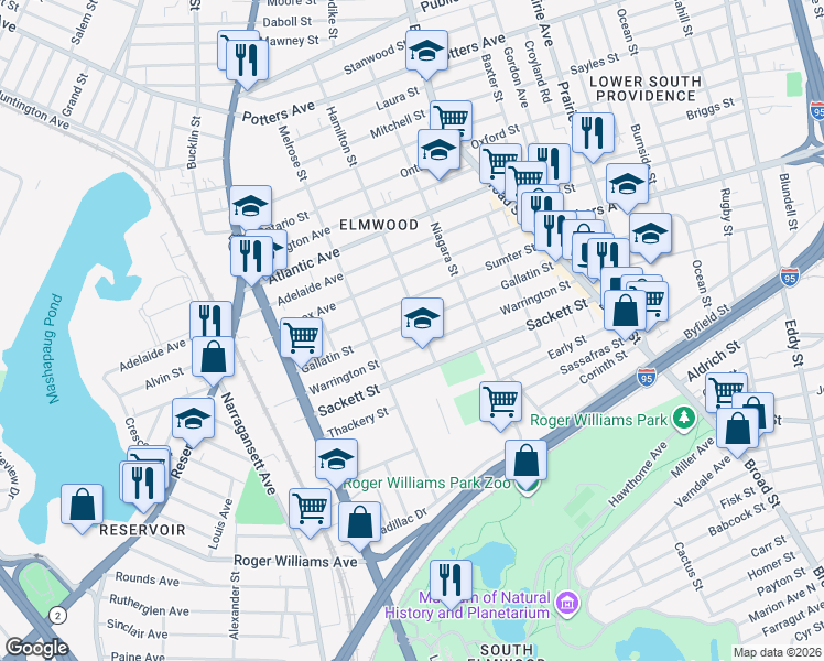 map of restaurants, bars, coffee shops, grocery stores, and more near 170 Warrington Street in Providence