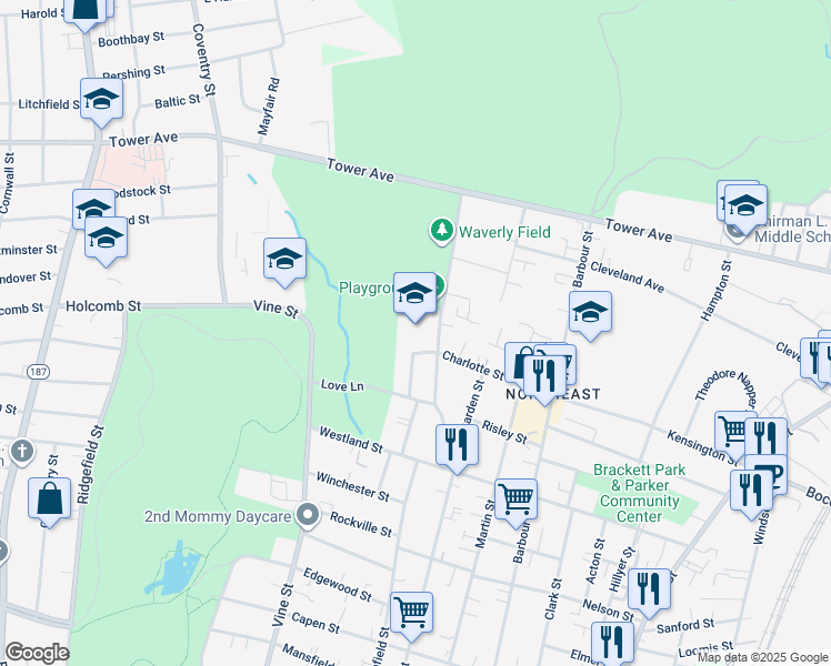 map of restaurants, bars, coffee shops, grocery stores, and more near 55 Waverly Street in Hartford