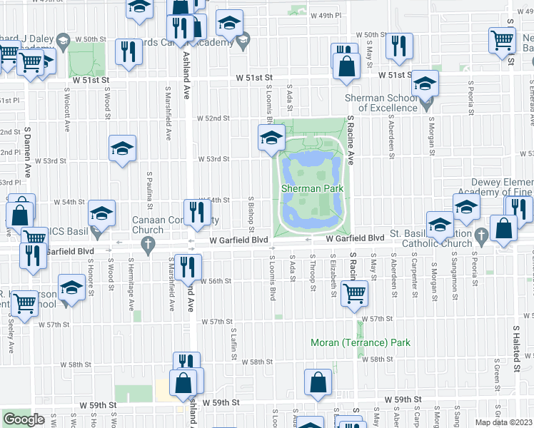 map of restaurants, bars, coffee shops, grocery stores, and more near 5420 South Loomis Boulevard in Chicago