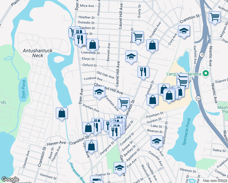map of restaurants, bars, coffee shops, grocery stores, and more near 64 Chestnut Hill Avenue in Cranston
