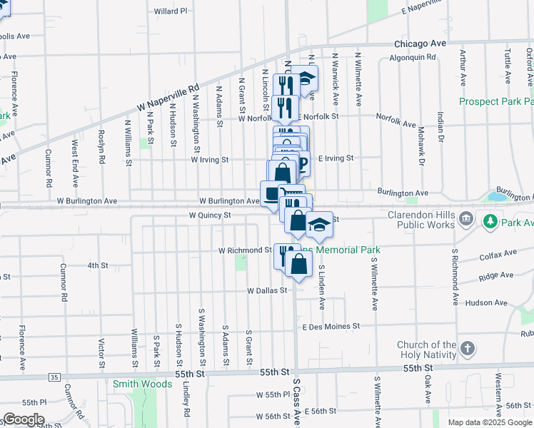 map of restaurants, bars, coffee shops, grocery stores, and more near 19 South Lincoln Street in Westmont