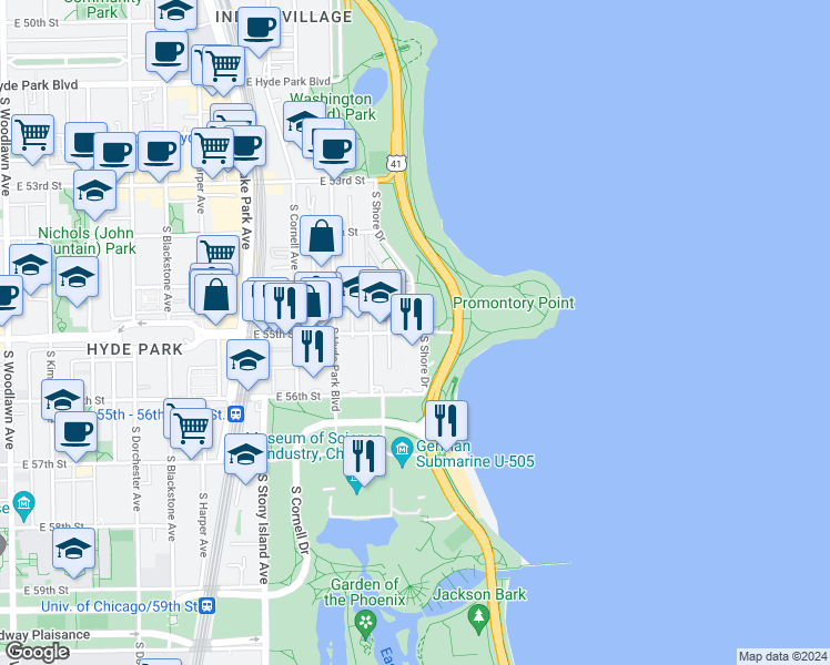 map of restaurants, bars, coffee shops, grocery stores, and more near 7251 South Shore Drive in Chicago