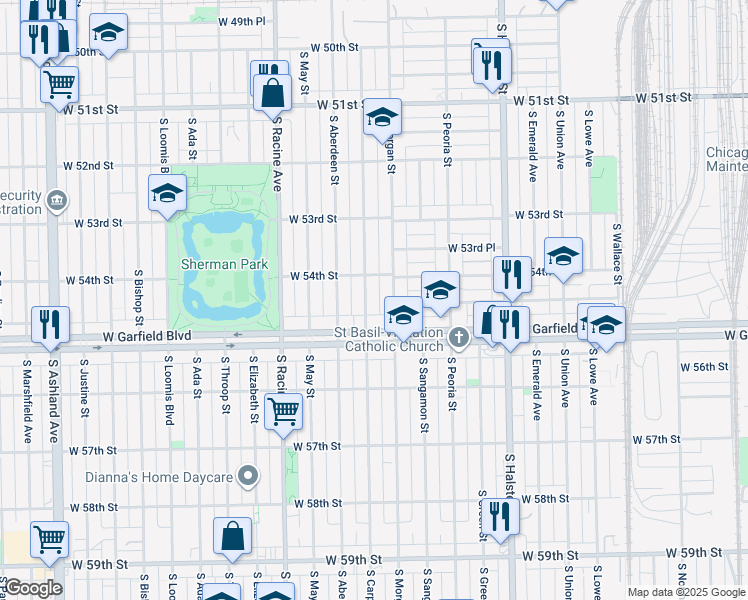 map of restaurants, bars, coffee shops, grocery stores, and more near 5427 South Carpenter Street in Chicago