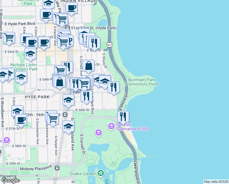 map of restaurants, bars, coffee shops, grocery stores, and more near 7511 South Shore Drive in Chicago